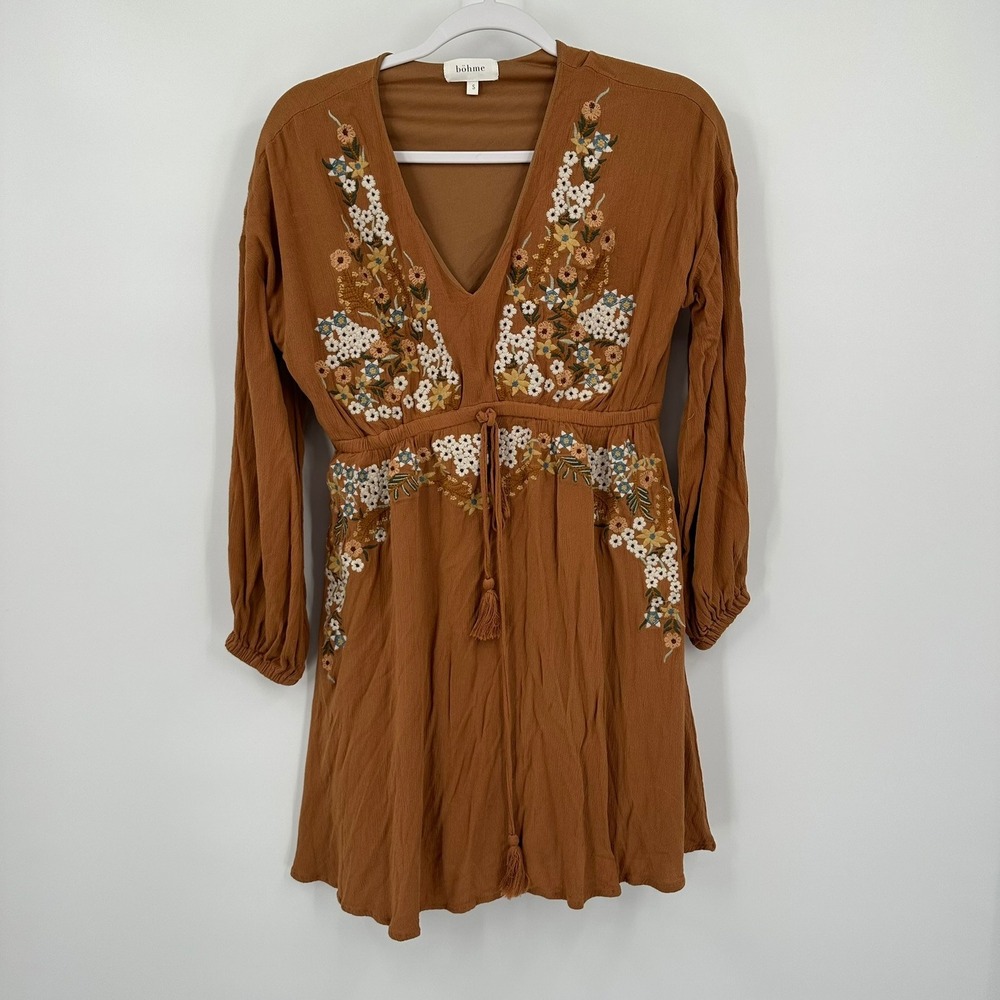 Bohme Womens Embroidered Boho Mini Dress Sz S Peasant Folk Gypsy Eclectic Indie